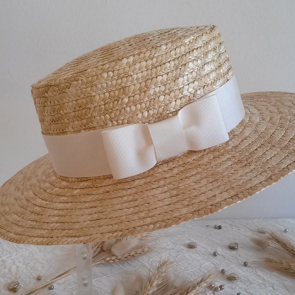 Wedding hat, straw boater for the bride, natural straw ceremonial boater, straw wedding hat.