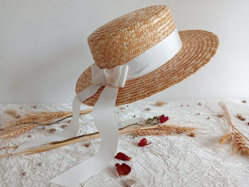 Canotier mariée paille naturelle ruban taffetas