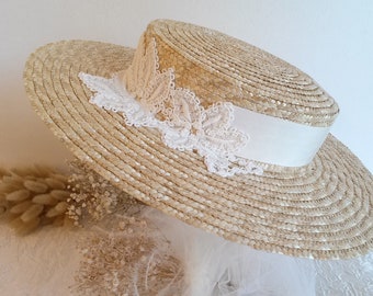 Natural straw ceremonial boater, straw boater for bride, straw wedding hat, straw wedding boater.