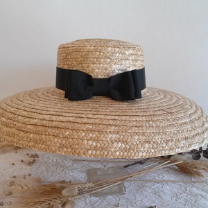 Straw hat, ceremonial hat in natural straw, large wide-brimmed hat with bow, straw summer hat. image 5