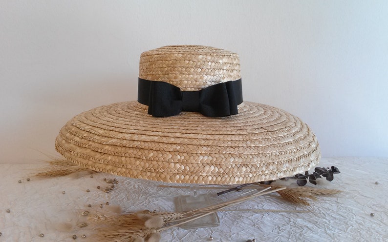 Straw hat, ceremonial hat in natural straw, large wide-brimmed hat with bow, straw summer hat. image 5
