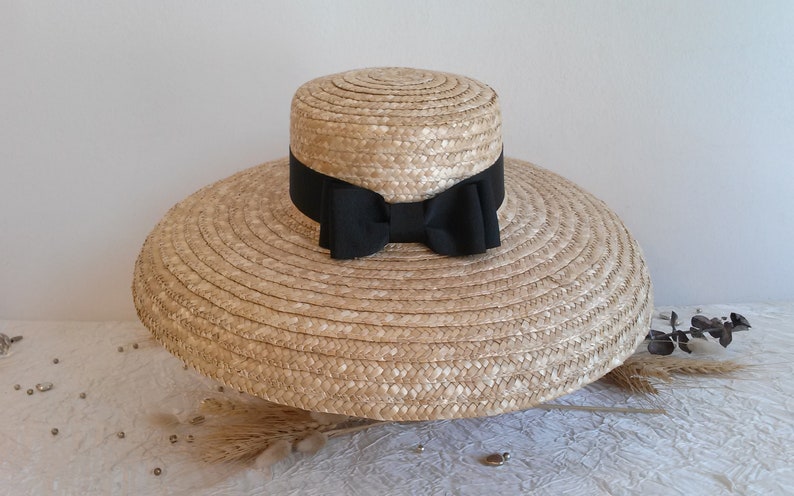 Straw hat, ceremonial hat in natural straw, large wide-brimmed hat with bow, straw summer hat. image 4