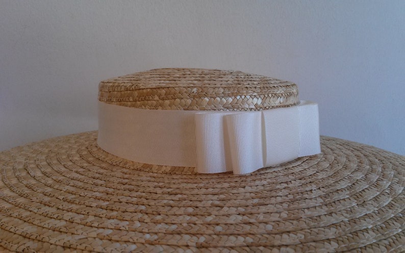 Canotier en paille naturelle pour la mariée, chapeau de mariage en paille, canotier à larges bords en paille naturelle pour la mariée. image 6