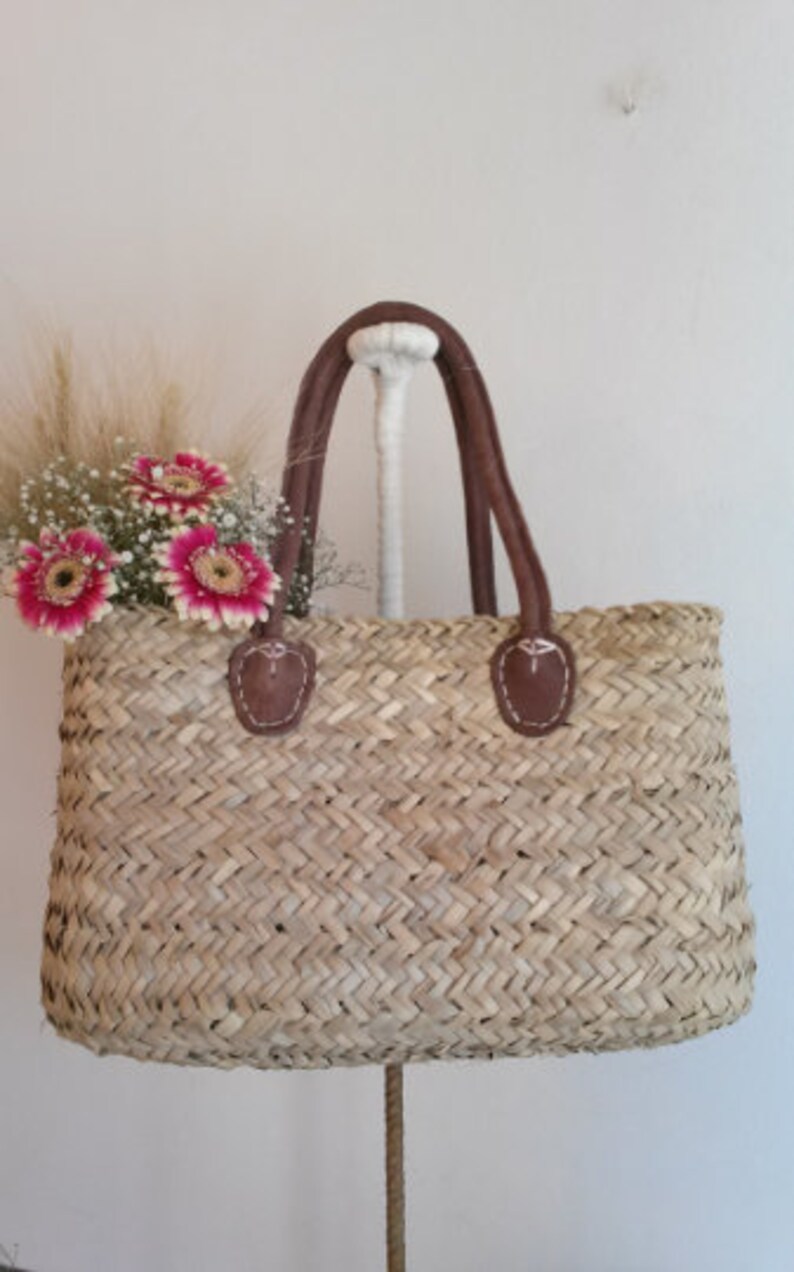Rustic straw tote bag rectangular straw handbag leather Etsy