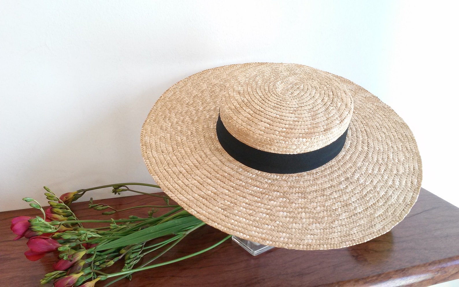 Canotier Vintage En Paille Bleu Marine Avec Voilette Et Fleur Bleu Clair - Taille 57