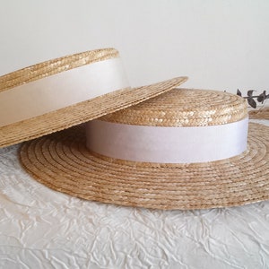 Natural straw ceremonial boater, straw boater for bride, straw wedding hat, straw wedding boater.