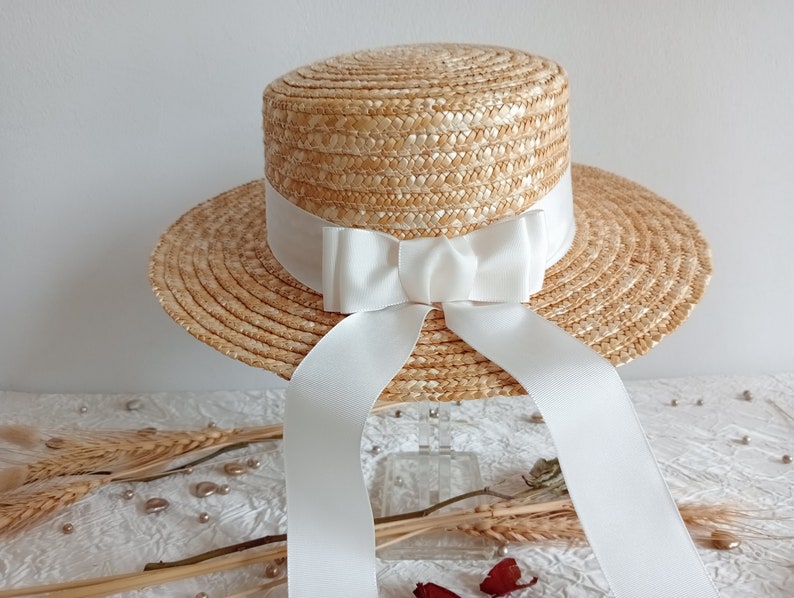 Canotier mariée paille naturelle ruban taffetas