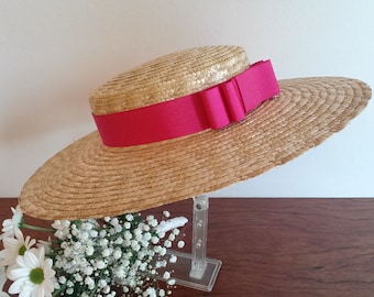 Canotier en paille naturelle, canotier en paille, canotier provençal, chapeau de mariage de charme, chapeau d' été, chapeau de plage.