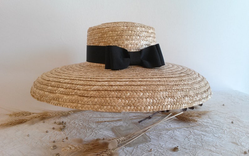 Straw hat, ceremonial hat in natural straw, large wide-brimmed hat with bow, straw summer hat. image 3