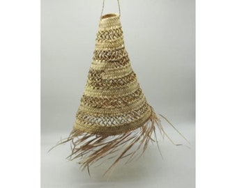 Boho openwork straw pendant light, straw lampshade with fringes, boho palm tree light, size S.