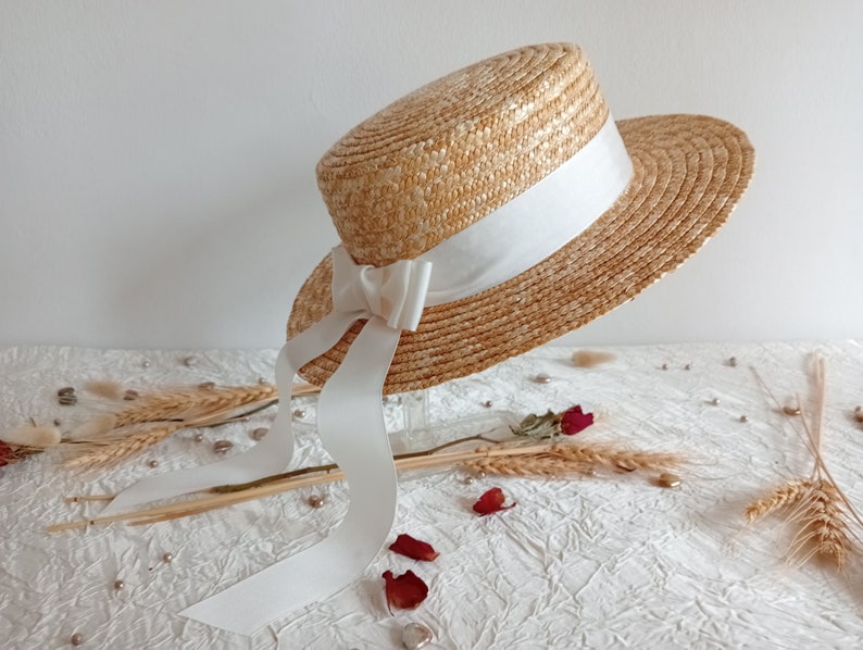 Canotier mariée paille naturelle ruban taffetas