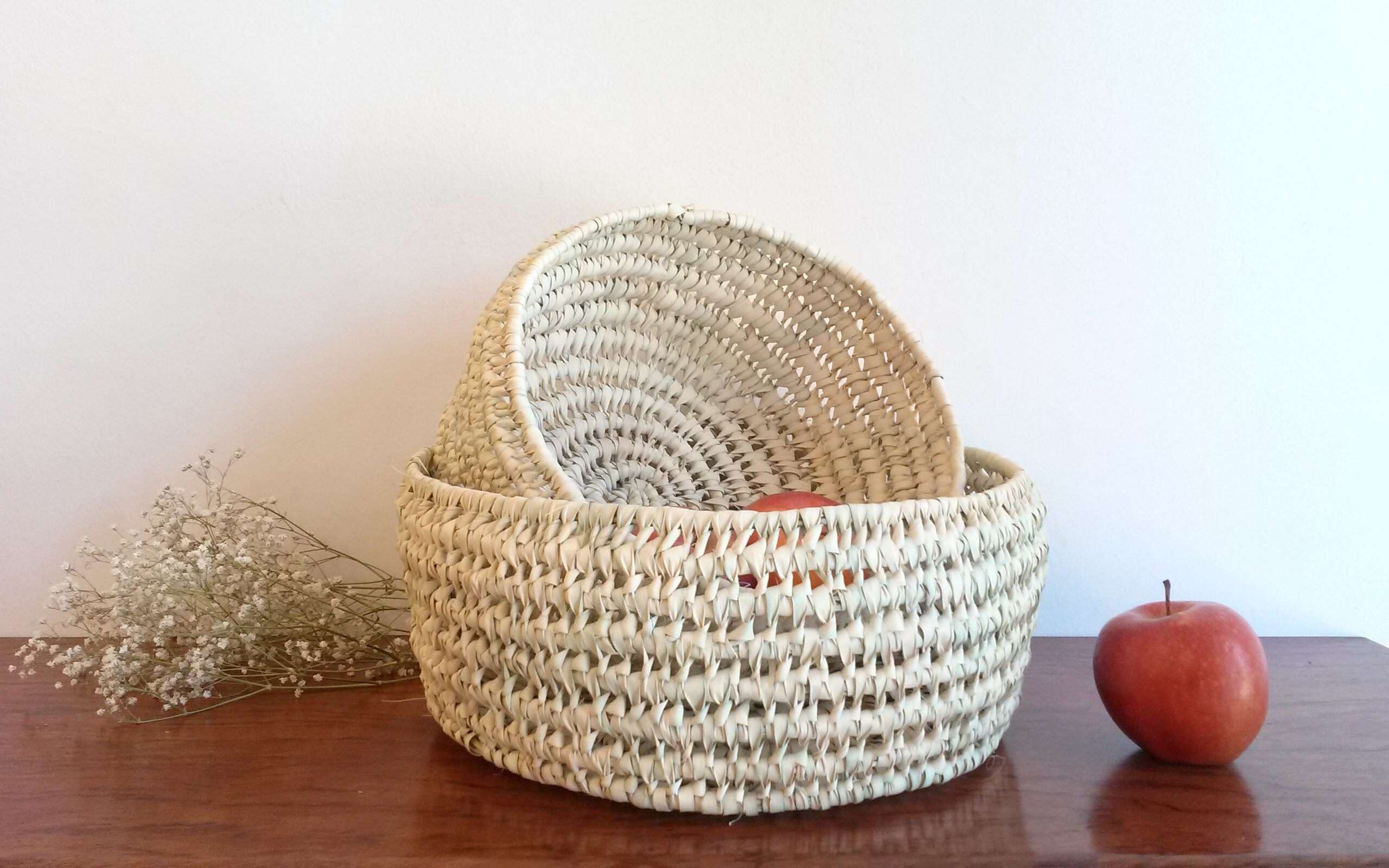 Panier Rond en Paille, Corbeille Déco Ronde Paille Ajouré, Panier Artisanal Tressé Feuilles de Palmi