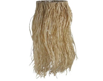 May include: A light brown, woven grass hula skirt. The skirt is made of long, thin strands of grass that are tied together at the waist.