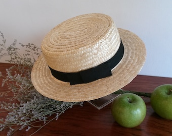 Natural straw boater hat for children, straw summer hat for children, ceremonial hat, beach hat for children.