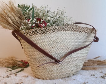 Straw summer tote bag, straw summer bag with leather shoulder strap and protective lining, straw summer tote, t. XL