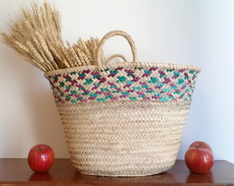 Colored oval tote bag, palm tree handbag, short rope handles tote bag, summer bag, market bag, straw tote, size XL.