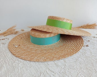 Straw Boater Hat with Green Ribbon Vintage Style Straw Boater Hat, Light Green Velvet Ribbon  main image 4