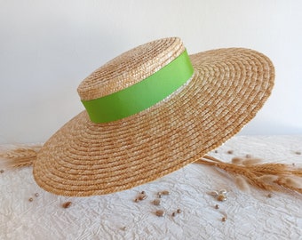 Canotier en paille naturelle à larges bords, canotier en paille, canotier provençal, chapeau de mariage de charme, chapeau d' été.