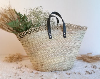 Sommertragetasche aus Stroh, Sommertragetasche aus Stroh mit schwarzen Ledergriffen und Schutzfutter, Strandtasche, Sommertragetasche, Größe XL.