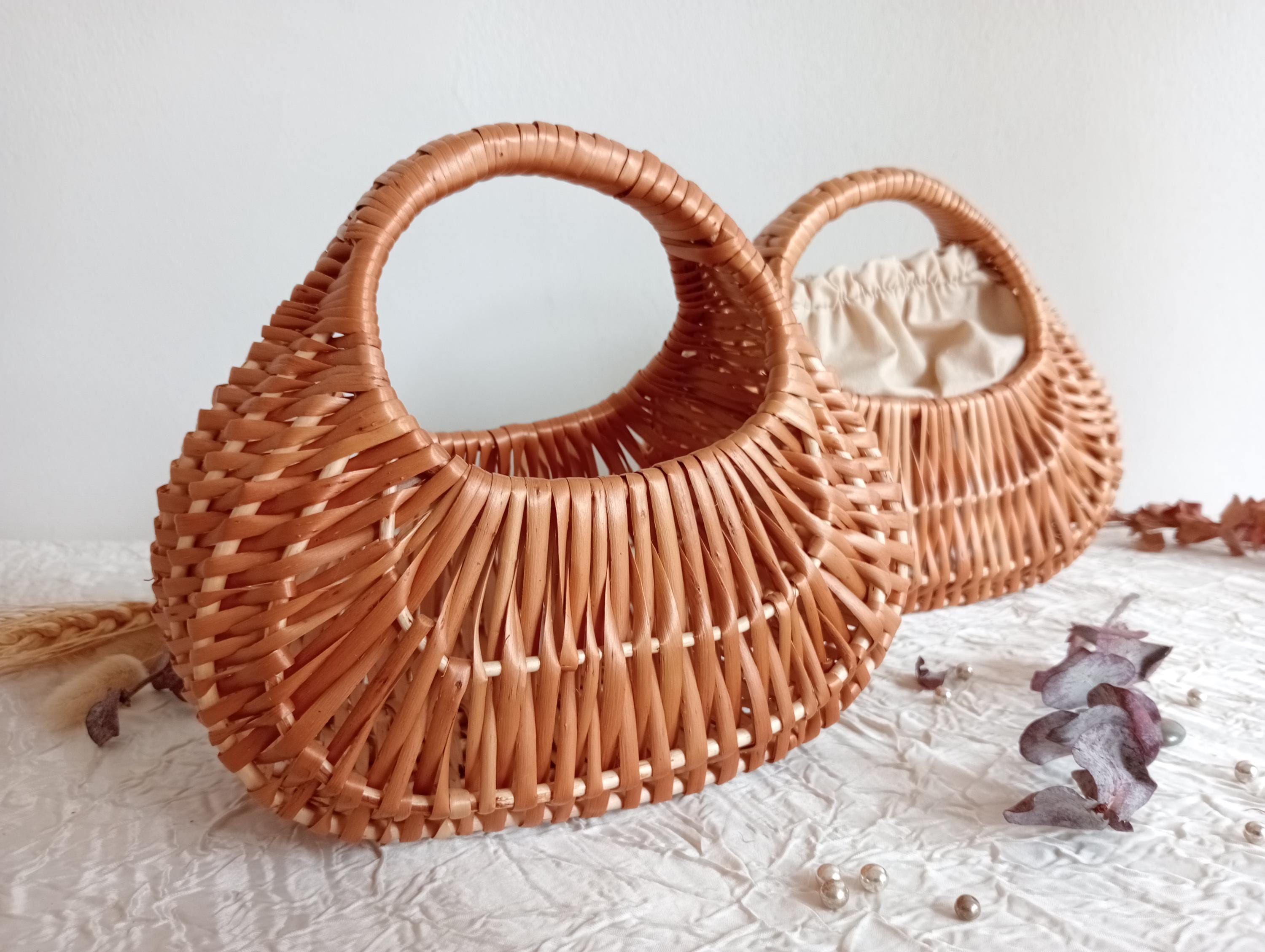 Sac Panier Gondole Vintage En Osier Et Cuir - Cabas Moyen Marron - Très Bon état