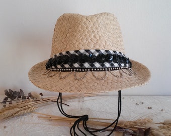 Chapeau d’ été en paille naturelle, chapeau d’ été trilby en paille pour femme, chapeau trilby en paille naturelle, trilby pour femme.