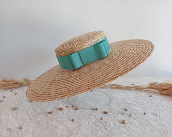 Canotier en paille naturelle, canotier en paille, canotier provençal, chapeau de mariage de charme, chapeau d' été, chapeau de plage.
