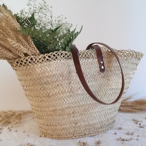 Summer straw tote bag, summer straw bag with long brown leather handles, straw beach bag, summer tote bag, size L.