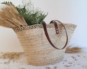 Straw summer tote bag, straw summer bag with long brown leather handles, straw beach bag, summer tote, size XL.