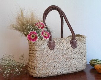 Rustic straw tote bag, rectangular handbag, leather handle tote bag, shopping tote, summer bag, straw tote, size M.