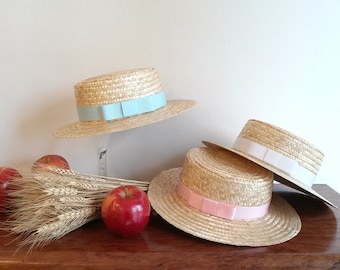 Natural straw boater hat for children, straw summer hat for children, ceremonial hat, beach hat for children.