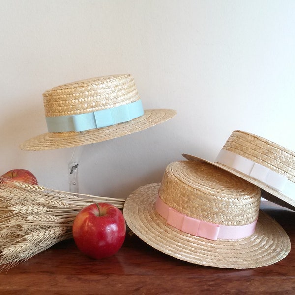 Canotier en paille naturelle pour enfant, chapeau d’ été en paille pour enfant, chapeau de cérémonie, chapeau de plage pour enfant.