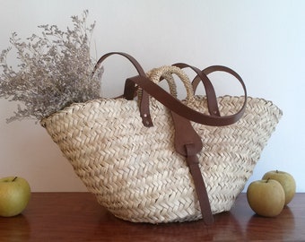 Palm tree tote bag, straw handbag, double handle tote bag and leather closure buckle, summer tote, straw tote size L.