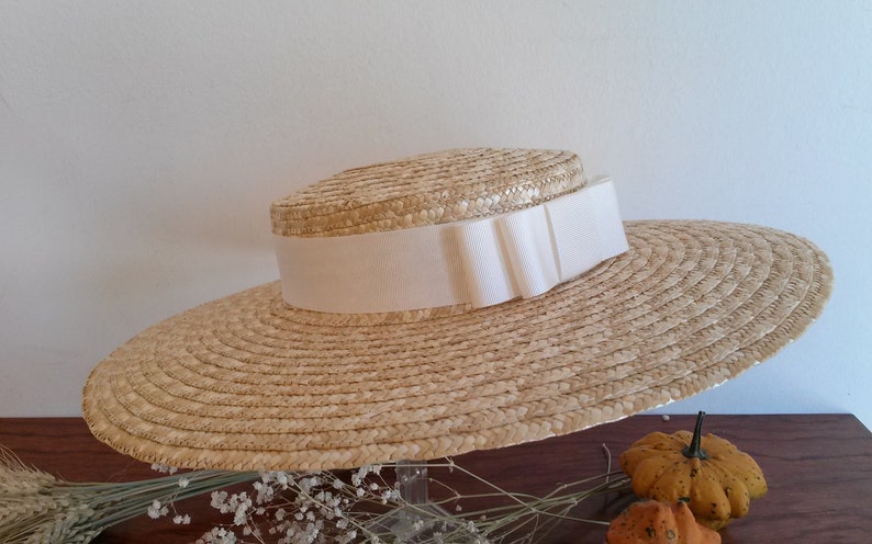 Canotier en paille naturelle pour la mariée, chapeau de mariage en paille, canotier à larges bords en paille naturelle pour la mariée. image 3