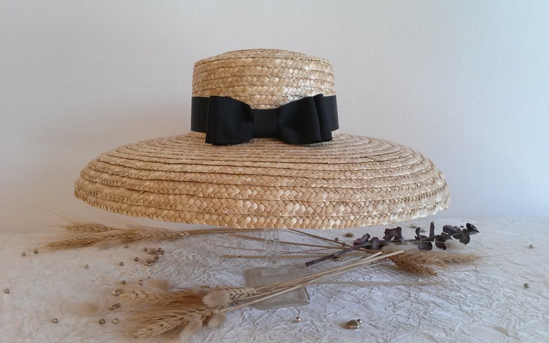 Straw hat, ceremonial hat in natural straw, large wide-brimmed hat with bow, straw summer hat. image 2