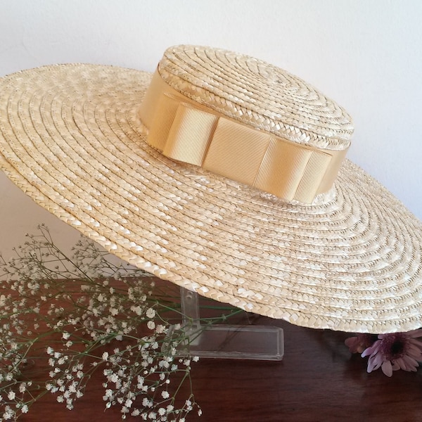 Canotier en paille naturelle, canotier en paille, canotier provençal, chapeau de mariage de charme, chapeau d' été, chapeau de plage.