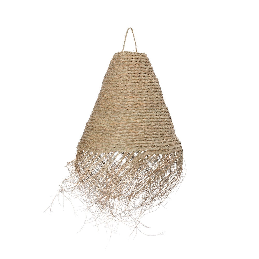 Abat-Jour en Paille Naturelle avec Franges Effilochés, Suspension Bohème Paille, Luminaire Fibre d' 