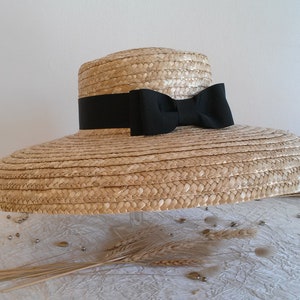 Straw hat, ceremonial hat in natural straw, large wide-brimmed hat with bow, straw summer hat. image 1