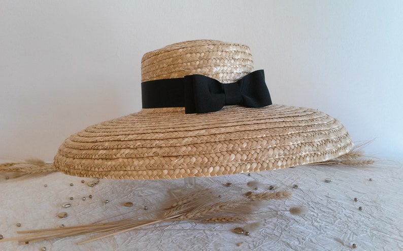 Straw hat, ceremonial hat in natural straw, large wide-brimmed hat with bow, straw summer hat. image 1