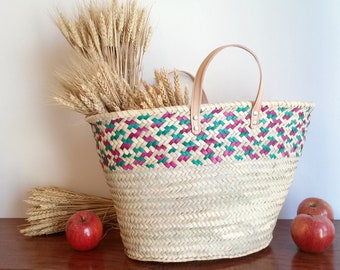 Summer tote bag in colored straw, straw handbag, short leather handle tote bag, summer bag, market bag, straw tote, XXL.