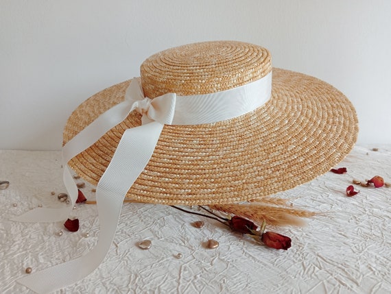 Natural Straw Boater Hat for the Bride, Straw Wedding Hat  display picture 2