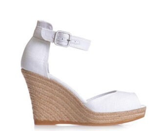 Espadrille pour la mariée, espadrille en lin pour la mariée, espadrille compensée en lin blanc pour cérémonie, t. 35 a 41 EU.