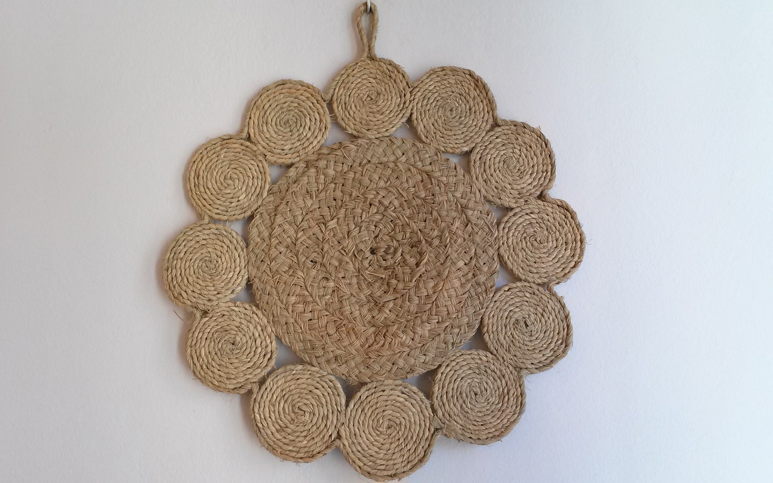 Tapis Rond en Jute Naturel Beige, Tapis Tresse, Déco Murale, Dessus d' Assiette, Mandala Bohème, 50 