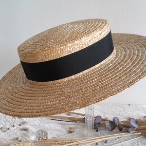 Natural straw boater, straw boater with grosgrain ribbon, straw ceremony hat, summer hat, beach hat.