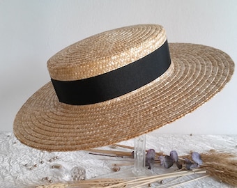 Canotier en paille naturelle, canotier en paille avec ruban en gros grain, chapeau de cérémonie en paille, chapeau d' été, chapeau de plage.