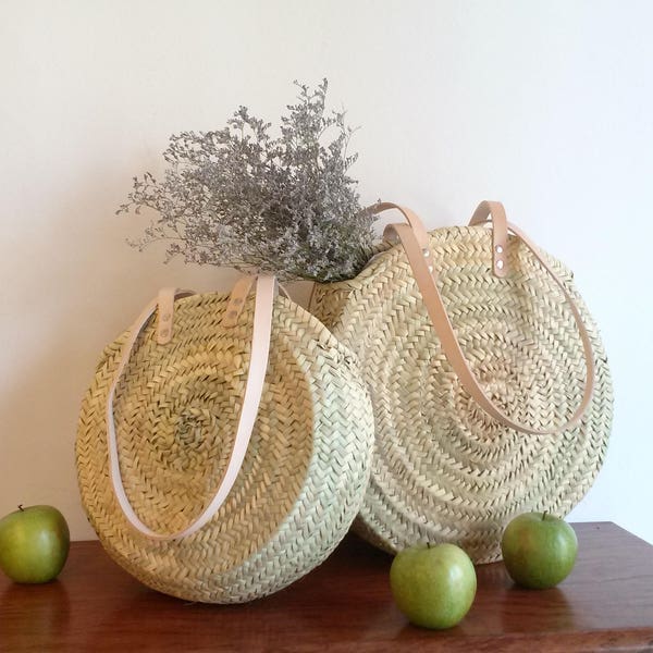 Round straw tote bag, straw summer bag with long leather handles, straw handbag, round basket, straw tote bag, t. S, M, L, XL.