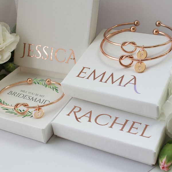 Bridesmaids knot bracelet , Rose gold, Gold and Silver, hand stamped initial on disc, Bridesmaid gift, bridesmaid proposal, custom name