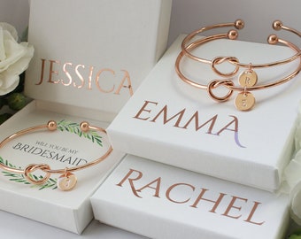 Bridesmaid Knot Bracelet: Rose Gold Bangle With Initial Disc