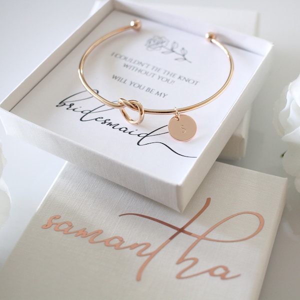 Bridesmaids knot bracelet , Rose gold, Gold and Silver, hand stamped initial on disc, Bridesmaid gift, bridesmaid proposal, custom name