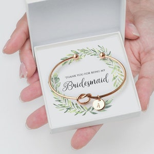 Bridesmaid Knot Bracelet: Rose Gold, Gold, Silver, Hand Stamped Initial Disc