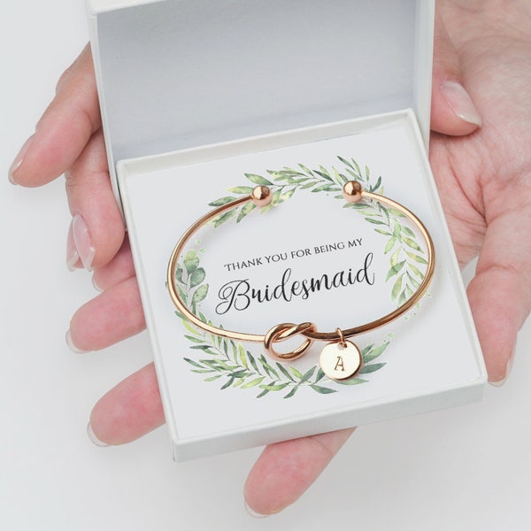 Bridesmaid gifts , Rose gold, Gold and Silver, hand stamped initial on disc, bridesmaid knot bracelet, thank you for helping me tie the knot